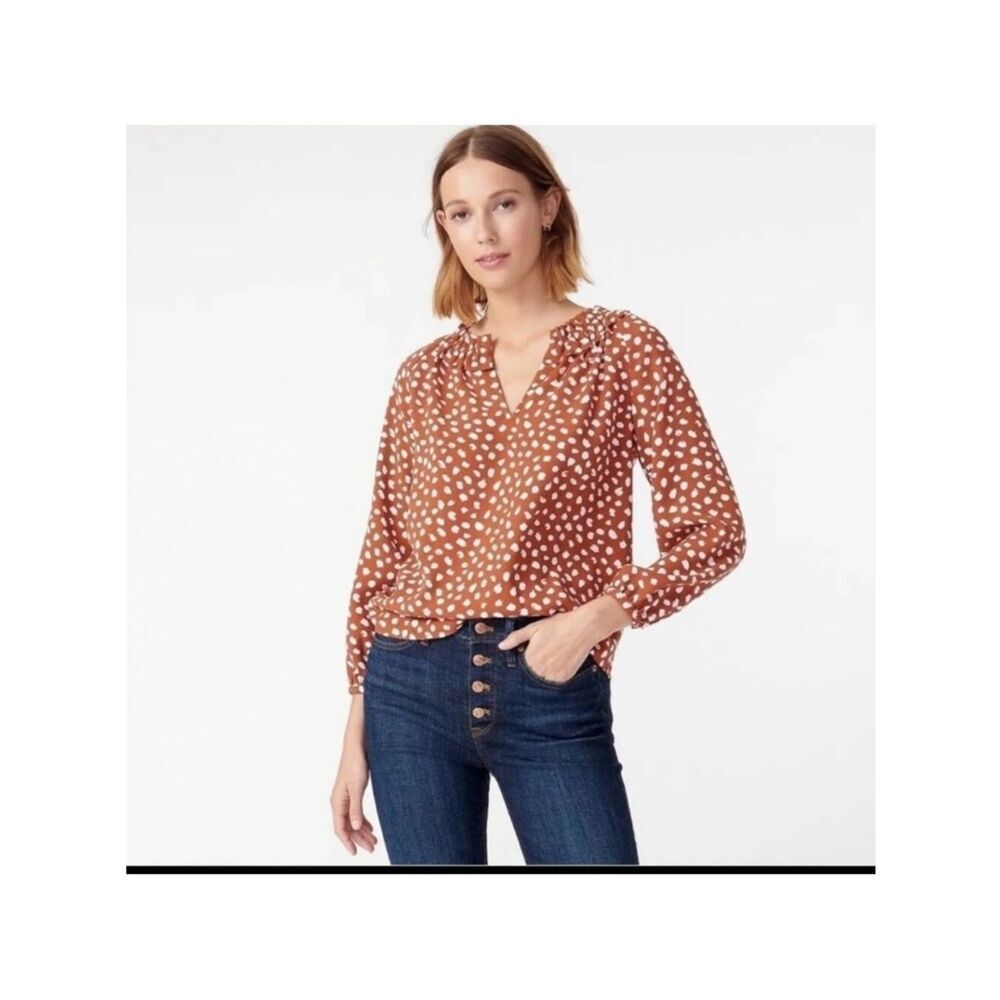 J. Crew Rust Brown Dot Print Long-Sleeve Blouse